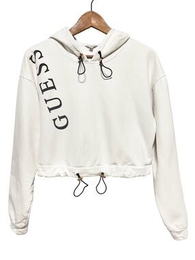 GUESS Cropped Hoodie Logo Drawcord Hem Streetwear Lounge Y2K